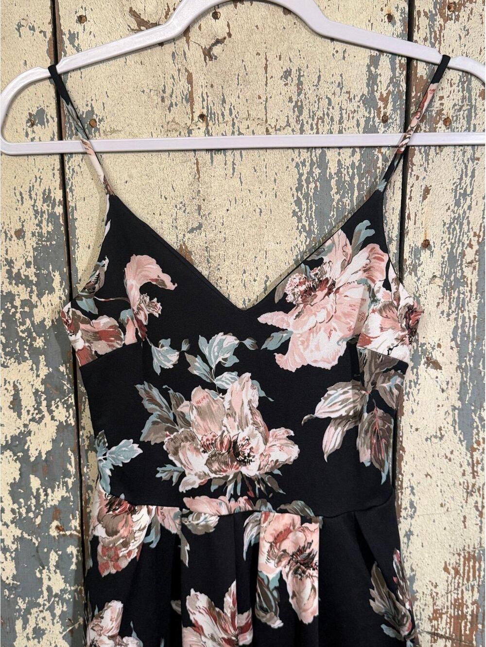 Soprano Fit Flare Black Pink Floral Spaghetti Strap Mini dress, size Small - Picture 3 of 6
